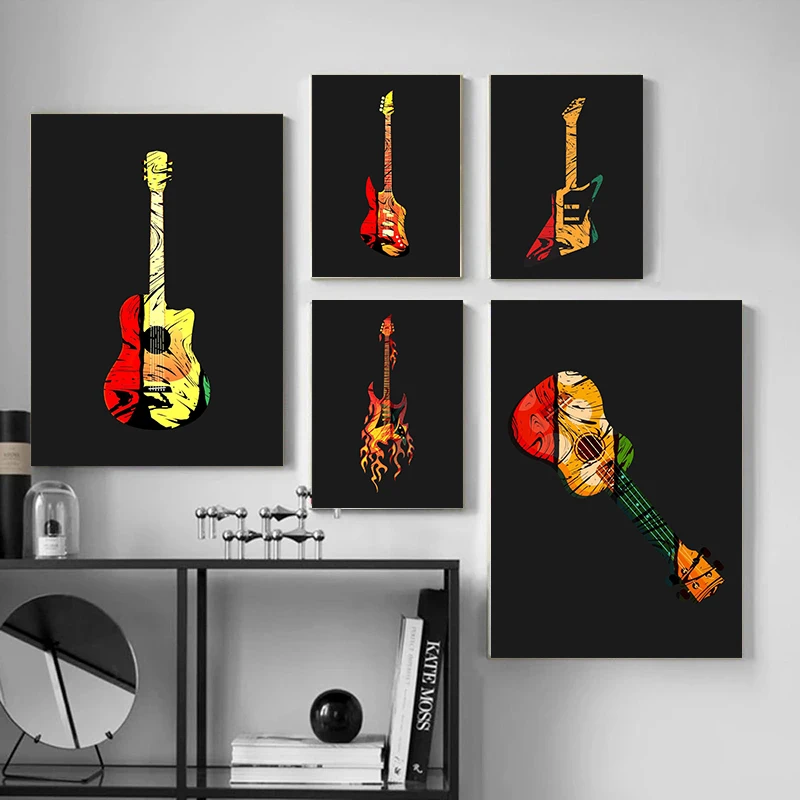 Guitar Musical Instrument Posters Electric Guitar Canvas Painting HD Print Abstract Wall Art for Music Classroom Home Decor Gift