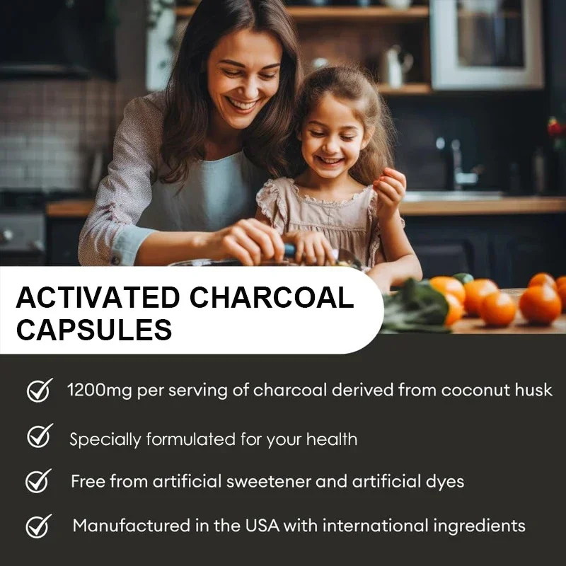 Activated Charcoal Capsules 1,200 Mg - Organic Coconut Shell, Helps Relieve Gas & Bloating, Detox & Bowel, Digestive Supplement