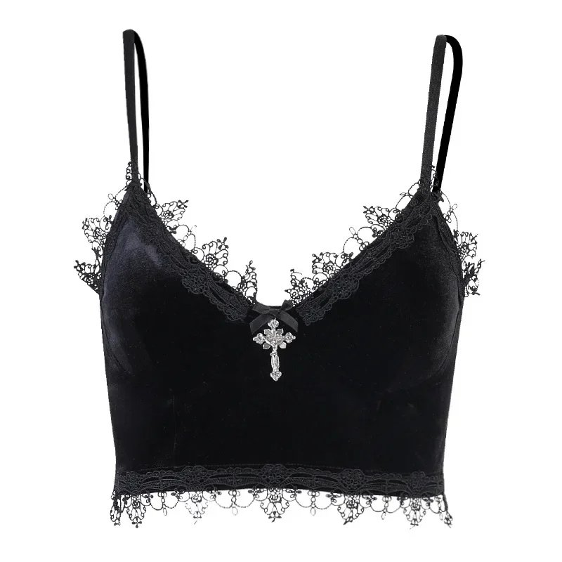 

Velvet Y2K Mall Goth Crop Tops Black Lace Trim Emo Alternative Aesthetic Crop Tops Women Backless Sexy Strap Tanks gothic tops