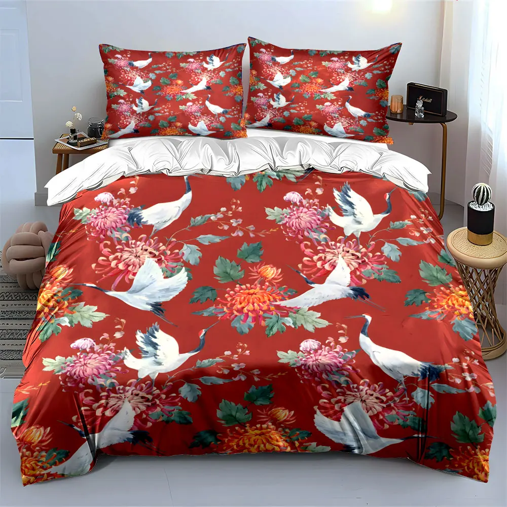 Red background with cranes and chrysanthemums Print Bedding Set 1 Duvet Cover 2 Pillowcases for Adult and Children Luxury Gift