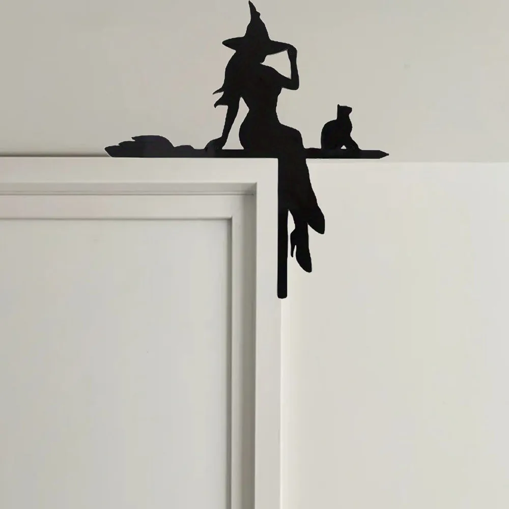 

Black Cat Witch Broom Halloween Wall Sculpture Acrylic Frame Door Corner Decoration for Living Room Indoor Outdoor