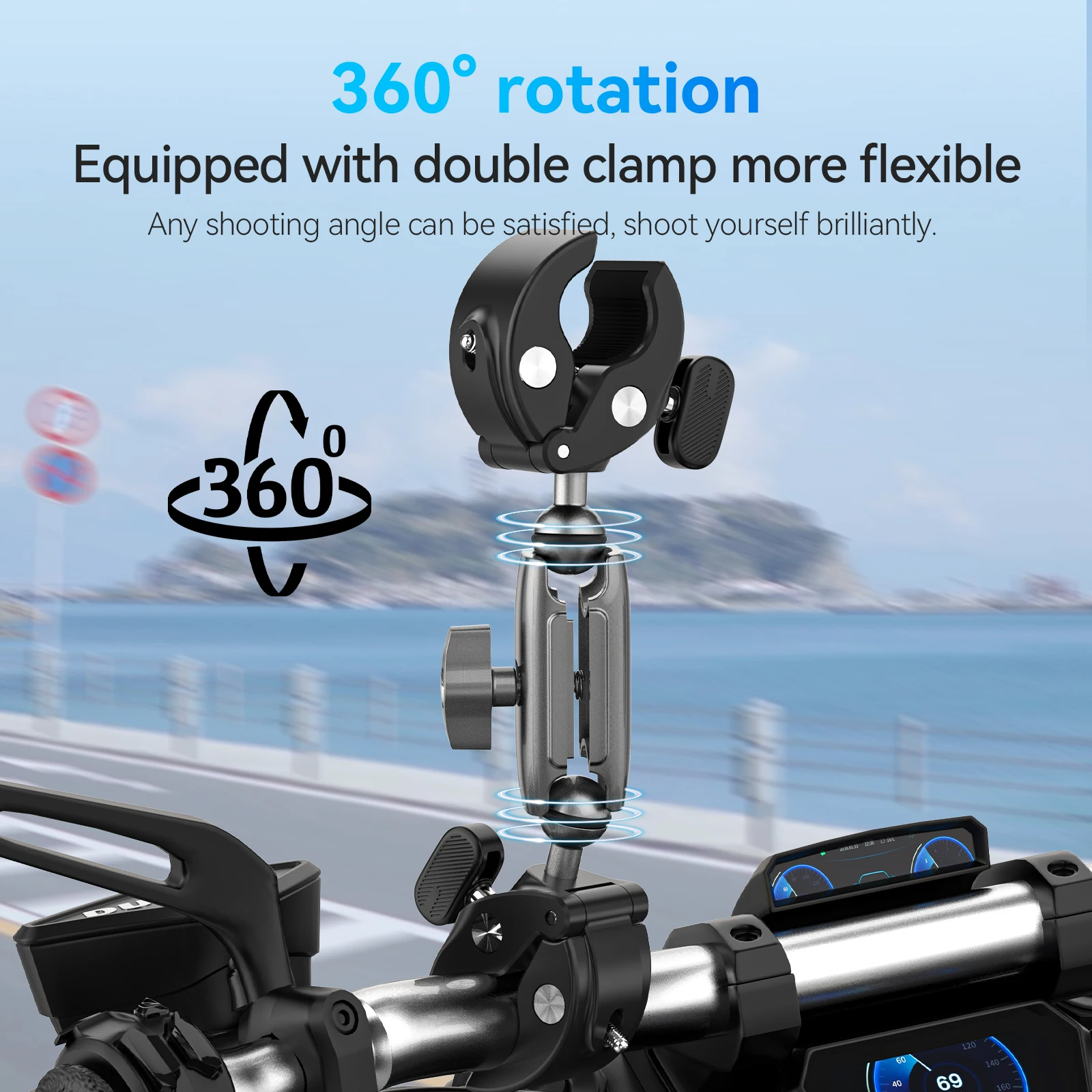 TELESIN Motorcycle Bike Monopod Bicycle Handlebar Panoramic Mount Invisible Selfie Stick Bracket for GoPro 12 13 DJI Insta360 X3