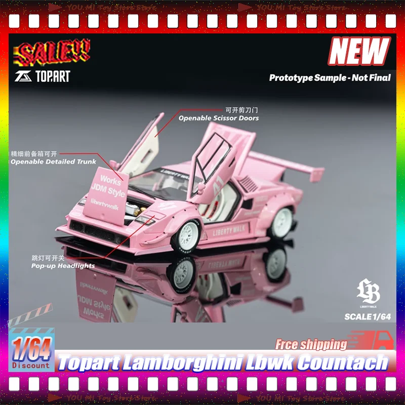 

Масштабная модель автомобиля Topart Lamborghini Lbwk Countach 1:64, розовая, с полностью открывающимися элементами, Liberty Walk Widebody, для взрослых коллекционеров