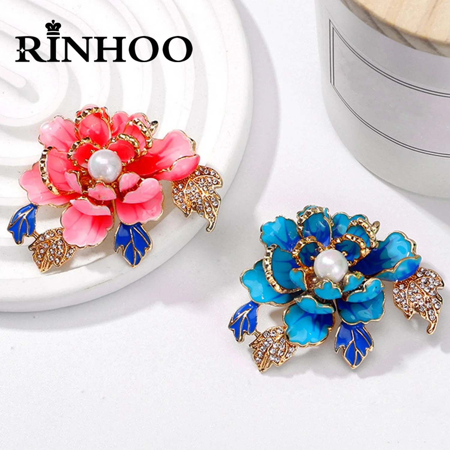 Rinhoo Elegant Pink Blue Peony Flower Brooch For Women Imitation Pearl Rose Floral Pin Bouquet Plant Badge Wedding Party Jewelry