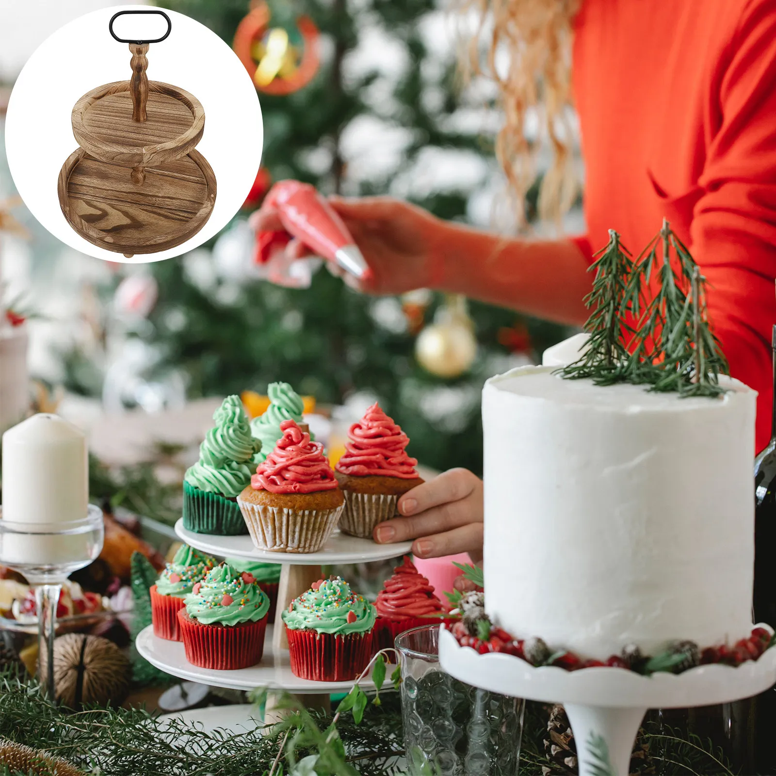 

Wooden 2-Layer Cake Stand Cupcake Holder Dessert Tower for Special Events Rustic Theme Elegant Classic Style Buffet Display