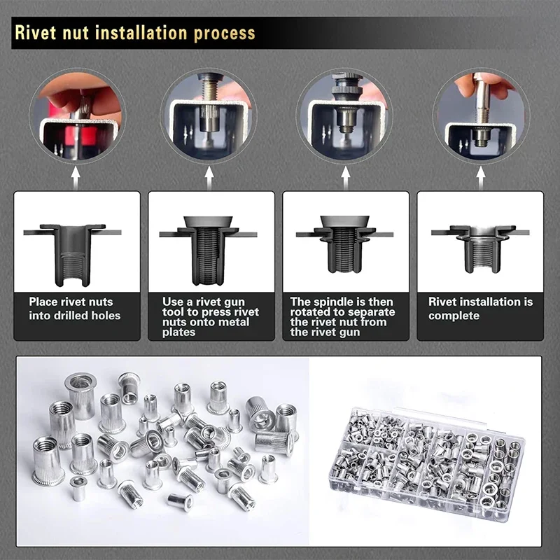 320 قطعة مجموعة صواميل برشام الألومنيوم رأس مسطح إدراج Nutsert Rivnuts تشكيلة مجموعة الخيوط إدراج Nutserts تشكيلة ، M3-M12 المكسرات