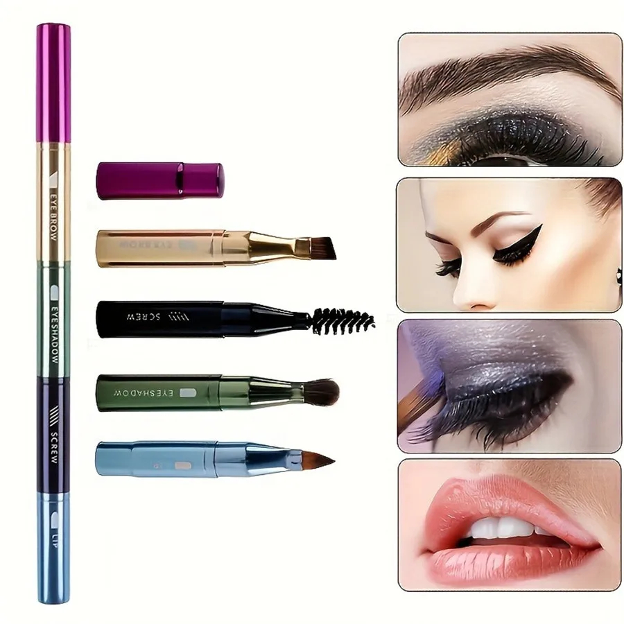 مجموعة فرش مكياج محمولة 4 في 1، فرش للحواجب والشفاه بمقبض معدني مع أدوات تطبيق الرموش وظلال العيون، مناسبة للسفر