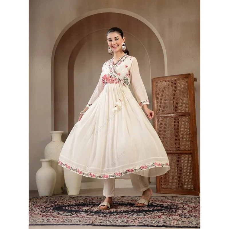 White Cotton Anarkali Kurti Set with Pant Dupatta Floral Embroidered Indian Ethnic Wear Elegant Summer Suit for Women - view 3