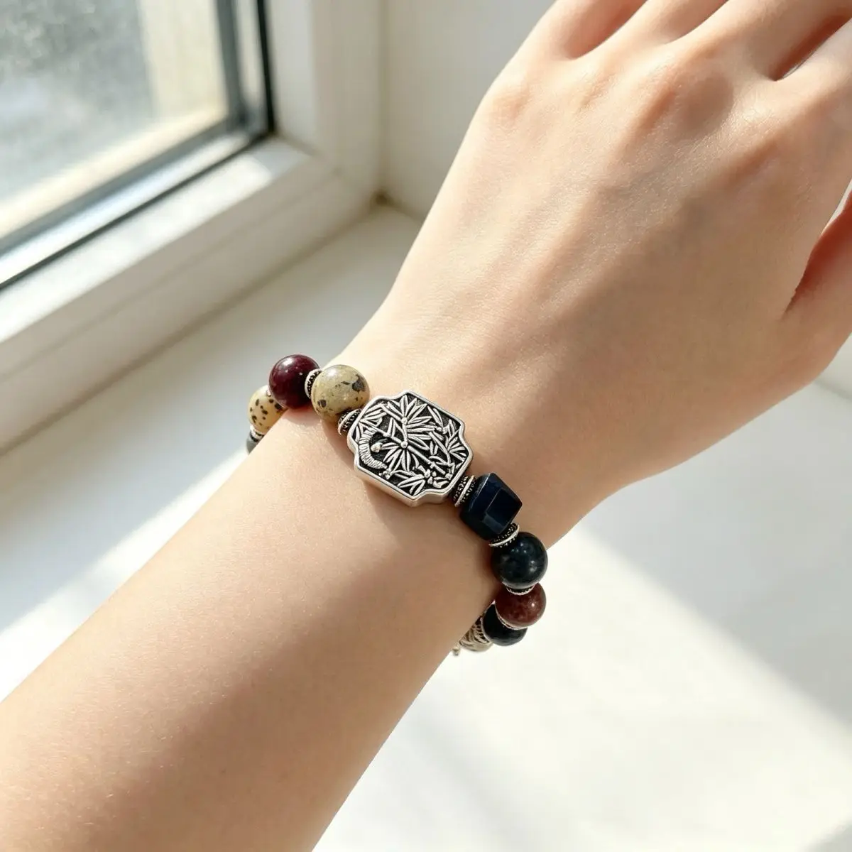 Chinese Style Bamboo Engraved Blessing Natural Stone Beaded Bracelet Good Fortune Rising Vintage Multi Gemstone Bracelet For Wom