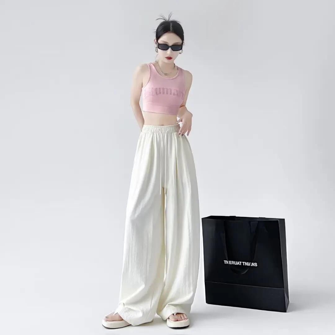 Summer Women Ice Feel Casual Pants Daily Travel Solid Color High Waisted Pants Women Drawstring Baggy Straight Trousers Vintage