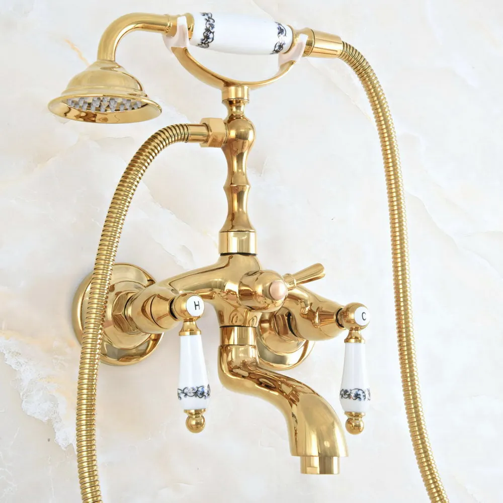 

Modern Luxury Golden Brass Wall Mount Bathroom Bathtub Faucet Set with 1500MM Hose Handheld Shower Spray Head Mixer Tap Dna818