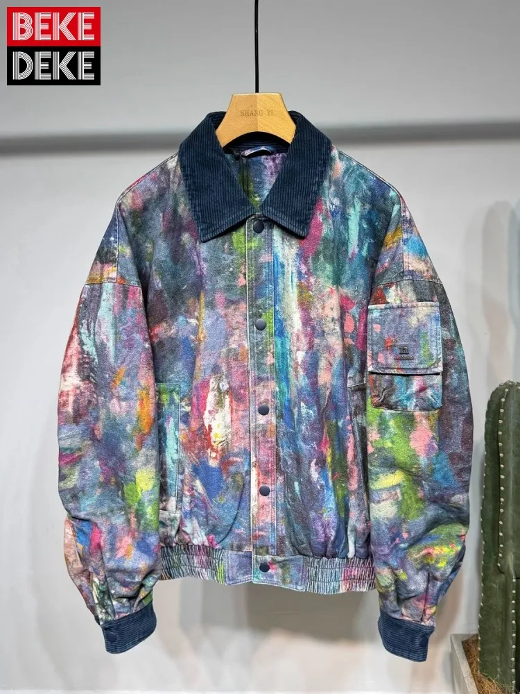 

Fashion Hip Hop Mesn Camouflage Denim Jacket Patchwork Lapel Loose Fit Personality Spring Street Long Sleeve Casual Coat Male