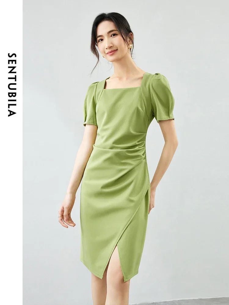 

SENTUBILA Green Elegant Split Dresses of Women 2025 Summer Fashion Puff Sleeve Square Collar Ladies Short Ruched Dress Q22L43697