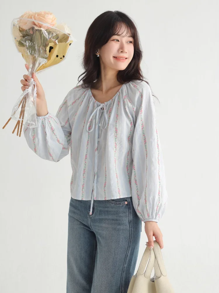 Women's Round Neck Tie Blouse with Lantern Sleeves | Sweet Striped Short Top for Autumn | Casual Slimming Loose Fit Shirt