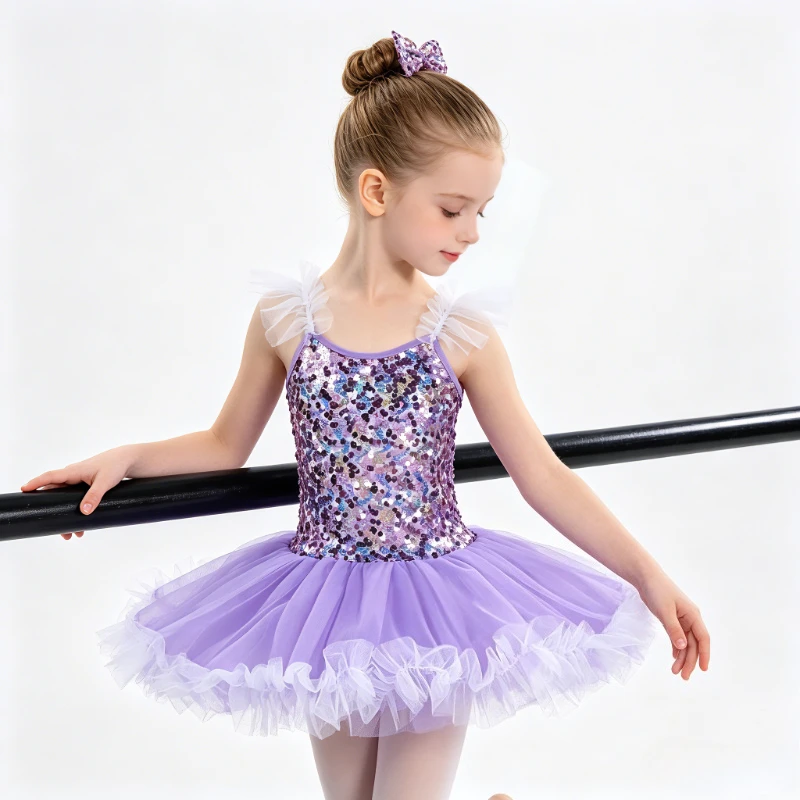THEEPER Purple Sequin Ballet Tutu Dress for Girls, Leotard with Bow Headband Fairy Dance Dresses for Kids Dance Outfit for Girls view 5