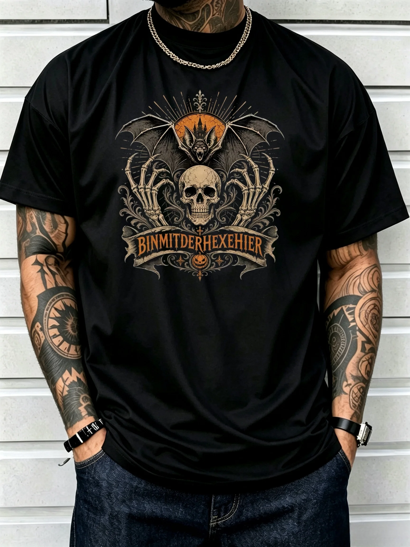 2026 Summer Men's Skull Hand Bat Castle Pumpkin Banner Print 100% Cotton Short-Sleeve T-Shirt Street Style Versatile Top