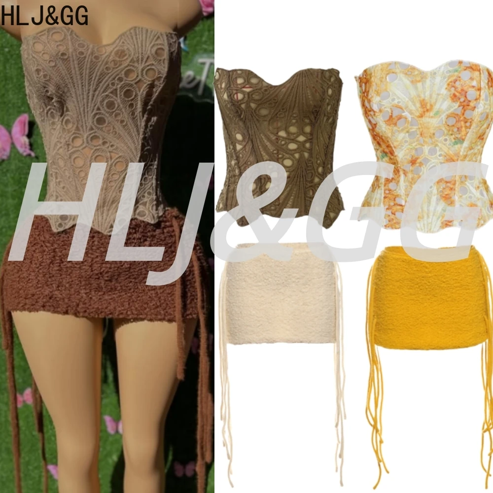 

HLJ&GG Sexy Hollow Lace Irregular Tube Two Piece Sets Women Off Shoulder Sleeveless Slim Crop Top And Mini Tassel Skirts Outfits