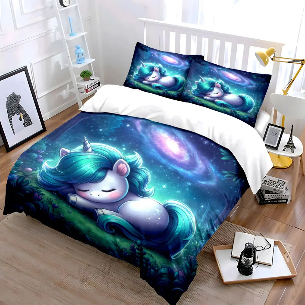 Sleeping unicorn in dreamy forest Print Bedding Set 1 Duvet Cover 2 Pillowcases for Adult and Children Luxury Gift Full Size