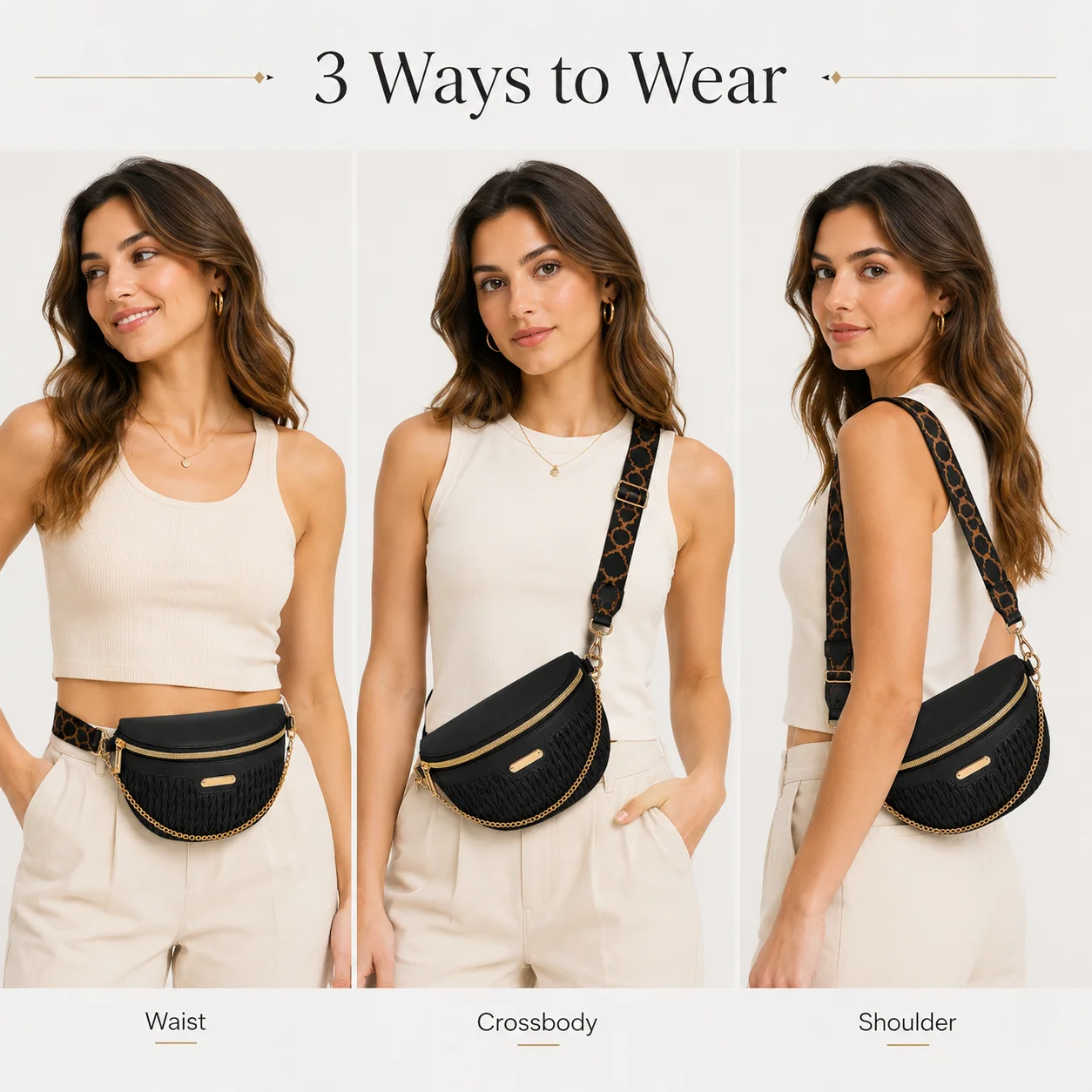 Chain Crossbody Quilted - กระเป๋าคาดเอวผู้หญิงแบบควิลท์พร้อมสายโซ่สีทองและสายสะพายลายก้างปลาแบบกว้างปรับได้สำหรับการเดินทาง