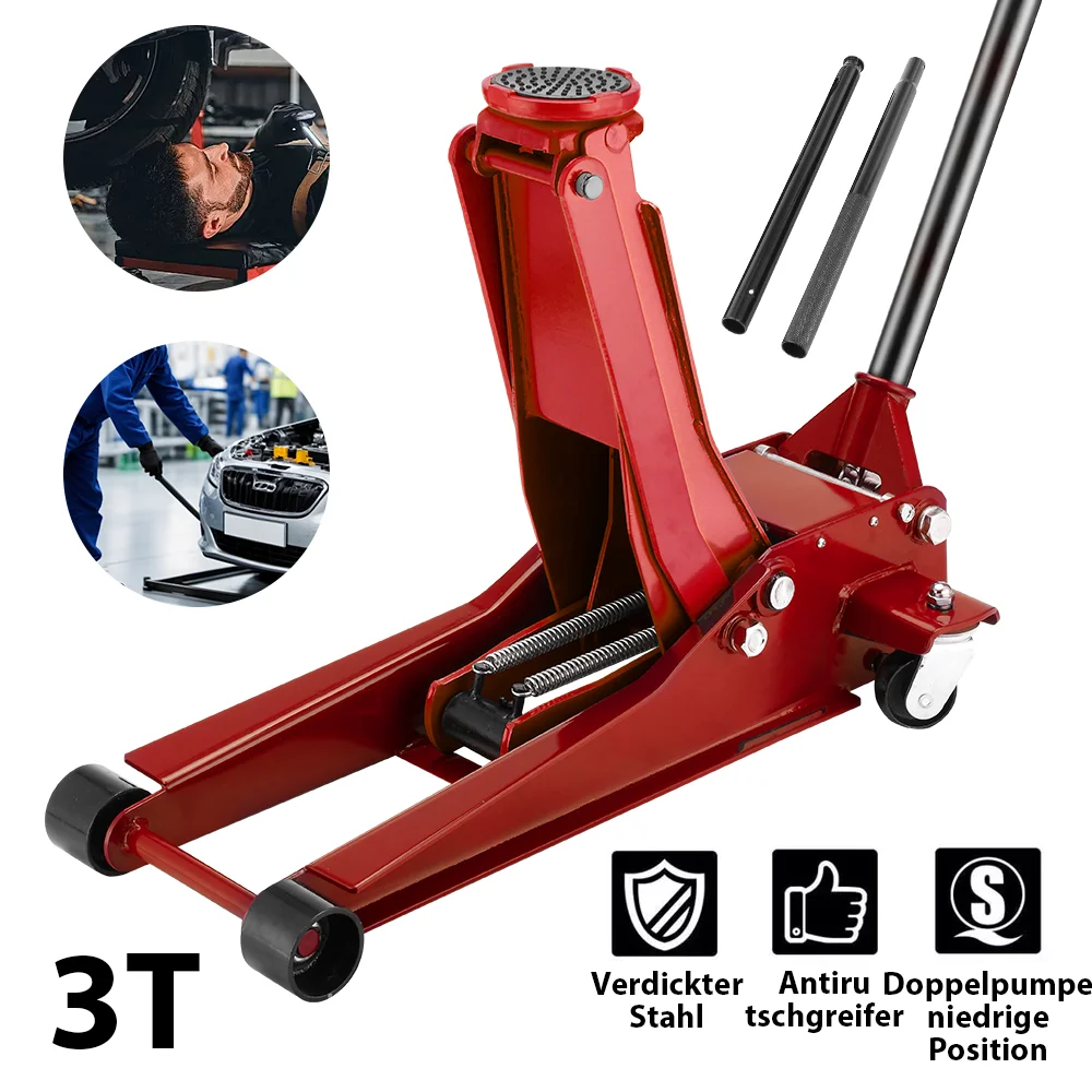 Gato hidráulico de doble bomba 3T para coches, rango de elevación 75-505mm, herramienta de reparación de automóviles, gato elevador de suelo, gato hidráulico tipo carro para reparación de coches