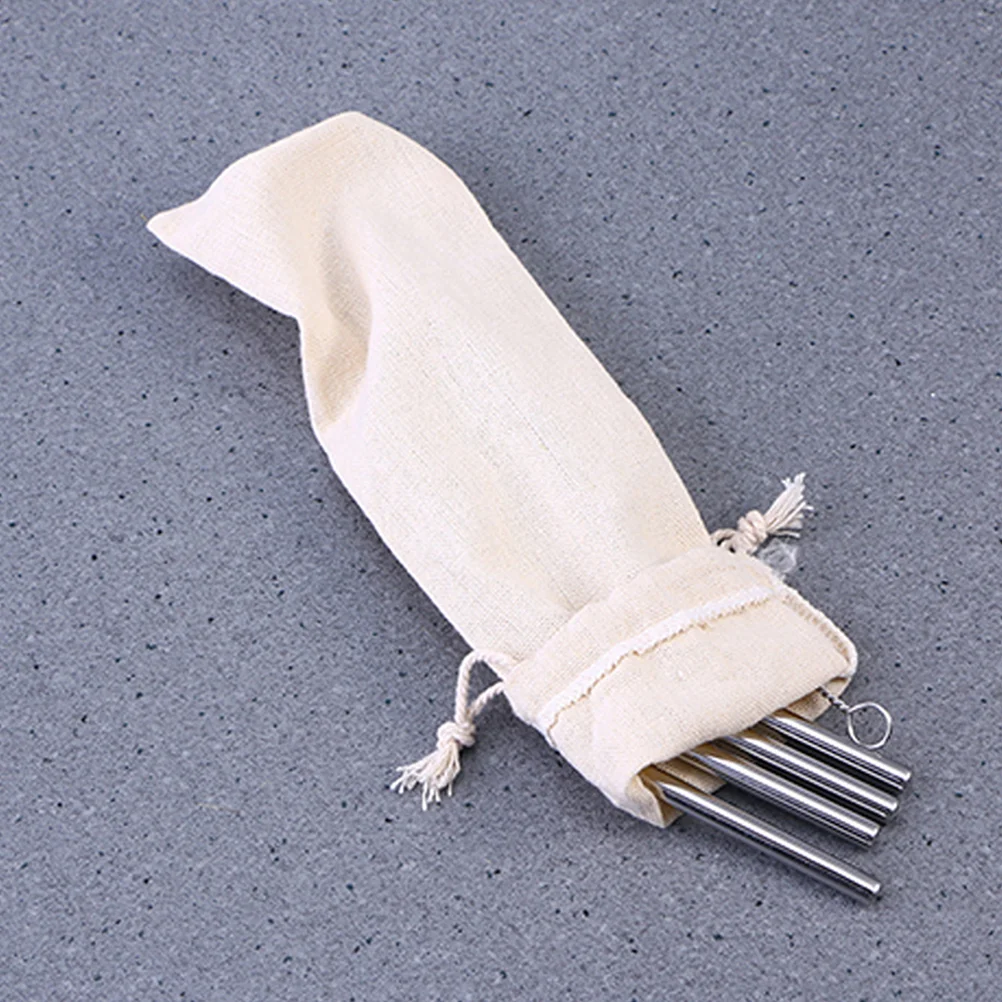 

15 Pcs Straws Storage Bag Stainless Steel Linen Pouch Chopsticks Drawstring Beige Travel