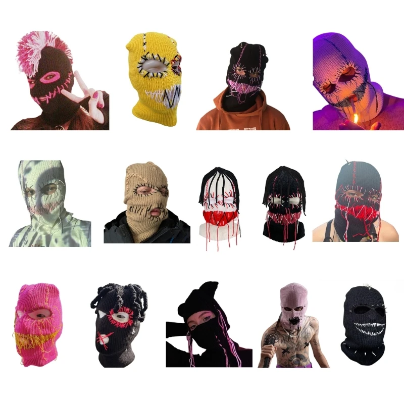 Halloween Balaclava Knit Beanie Hat Scary Teeth Robber Head Covering Party Holiday Winter Warm Hat Full-Head Grimace