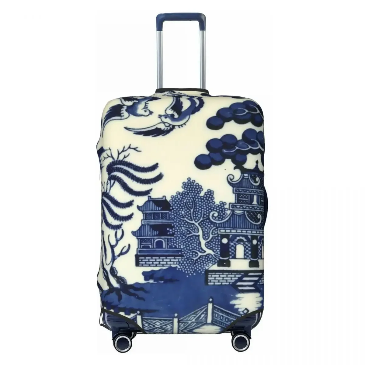 

Antique Willow Ware Oriental Toile Travel Luggage Cover Blue Delft Chinoiserie Pagoda Suitcase Cover Protector Fit 18-32 Inch