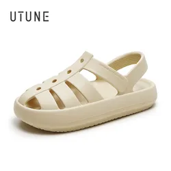 UTUNE-Roman Sandals for Men and Women, Couple Outdoor Beach Shoes, Thick Cushion, Breathable, Non-slip, Platform Sandal, White