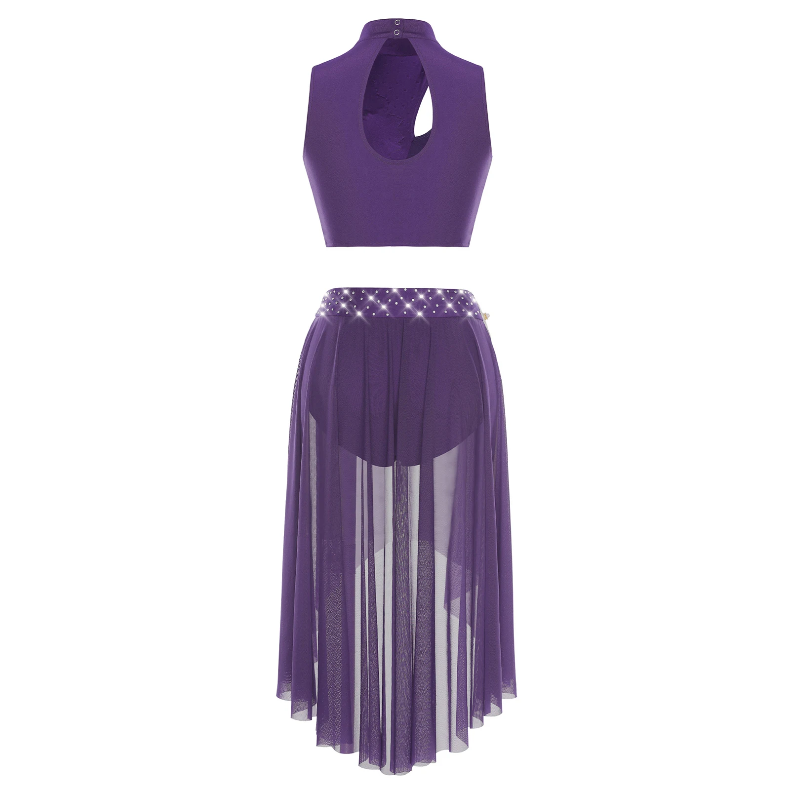 Womens Elegant Lyrical Dance Costume Set Sleeveless Embroidery Crop Top & Applique High-Waist Skirt Hollow Out Belly Dance Wear