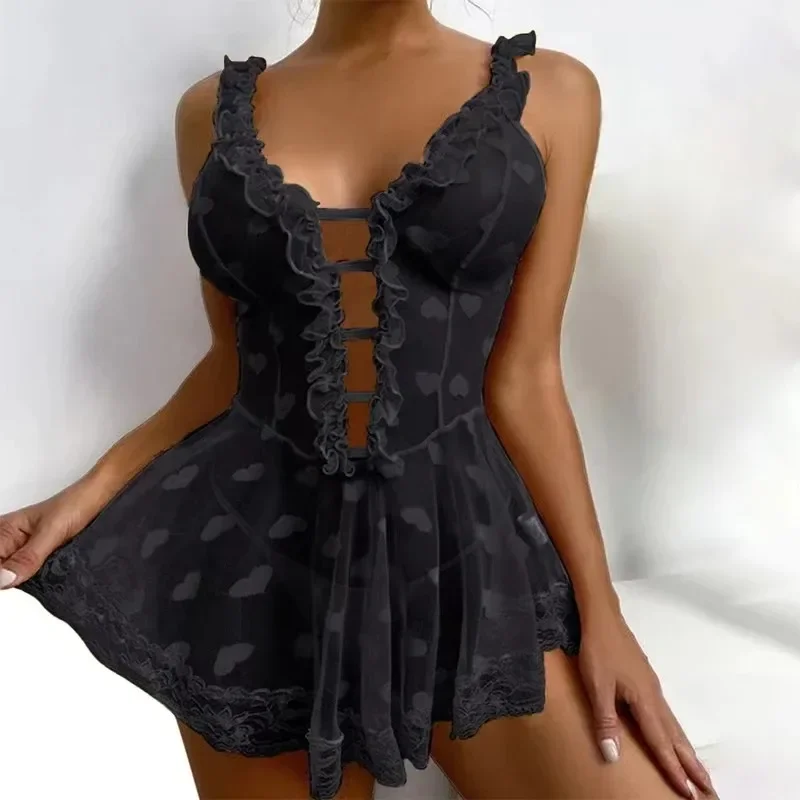 Erotic Clothes Sexy Women Sleepwear Hot Erotic Lingerie Women Front Closure Babydoll Lace Mesh Sleepwear Set Evening Dress