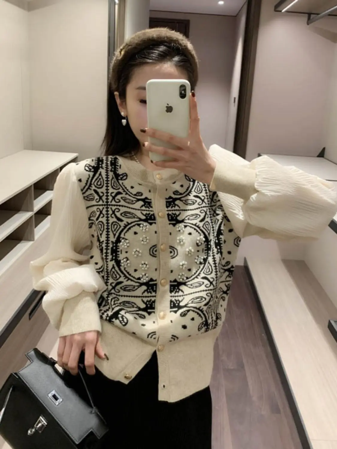 Small Fragrant Wind Beading Sweater for Women\'s Spring and Autumn 2024 Design Feeling Cardigan Western Knit Print Tops X746