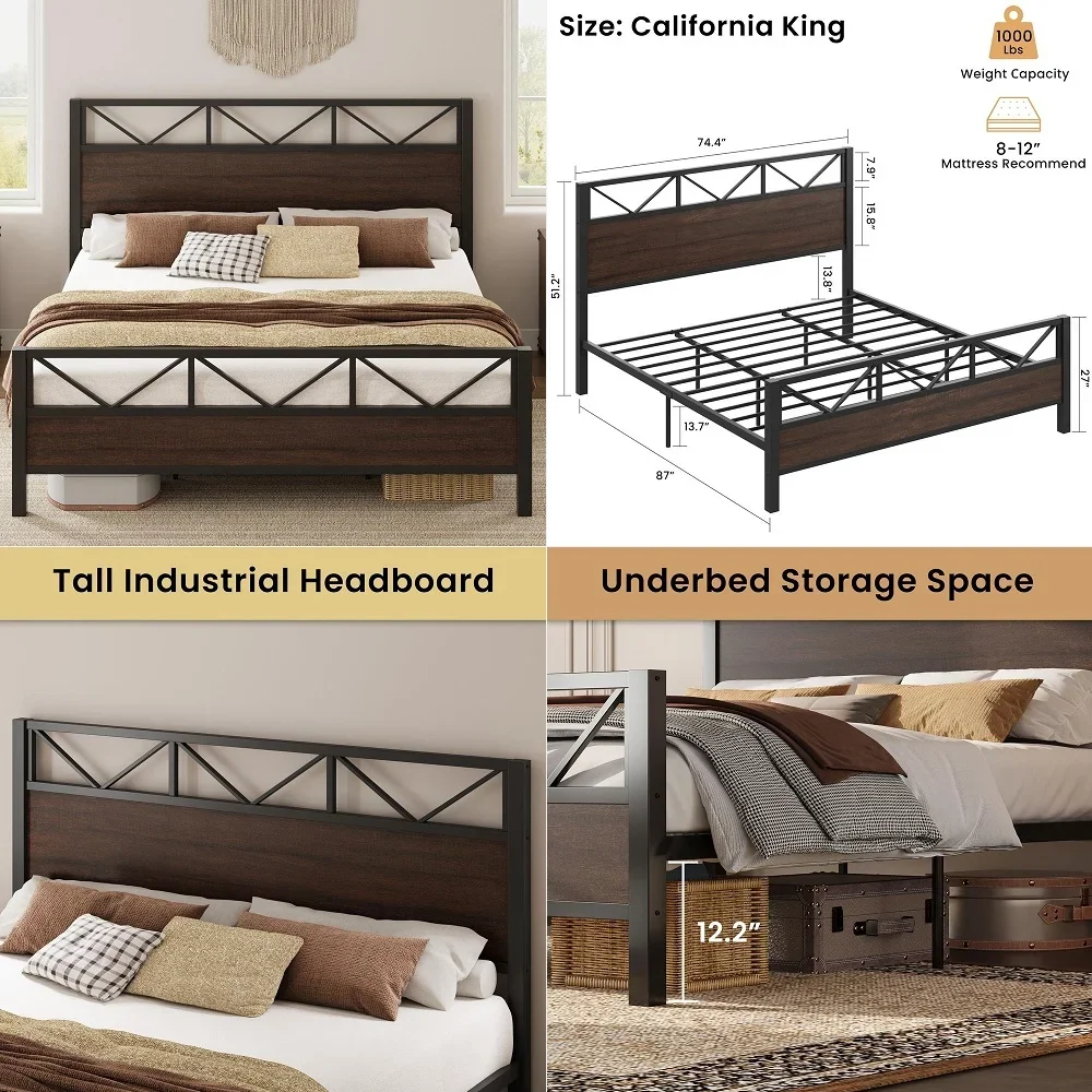 

King Size Bed Frame with 55 Tall Storage Headboard amp 4 Drawers, Wood Roman Column Platform Bed Frame with 24 Tall Footboard,