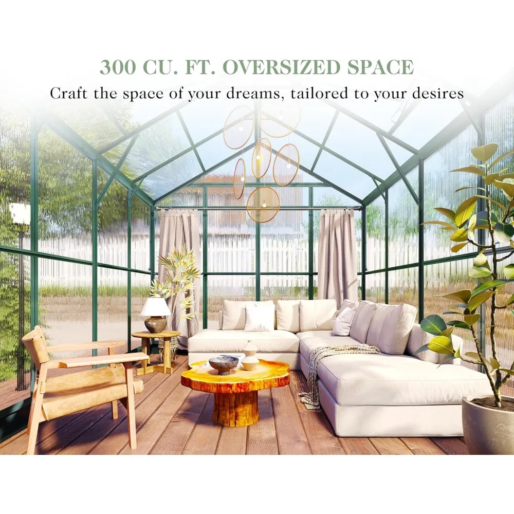 8x8x7.5 FT Greenhouse - Outdoor Polycarbonate with Ventilation and Rain Gutter, Double Doors with Hook, Walk in Greenhouse