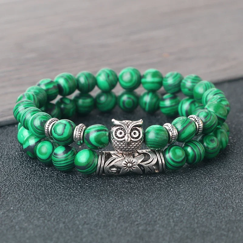 Pulsera de cuentas de piedra Natural a la moda para hombre, cuentas clásicas de búho con cuentas de ónix de Lava negra, pulseras con dijes, joyería para mujer, regalo para parejas