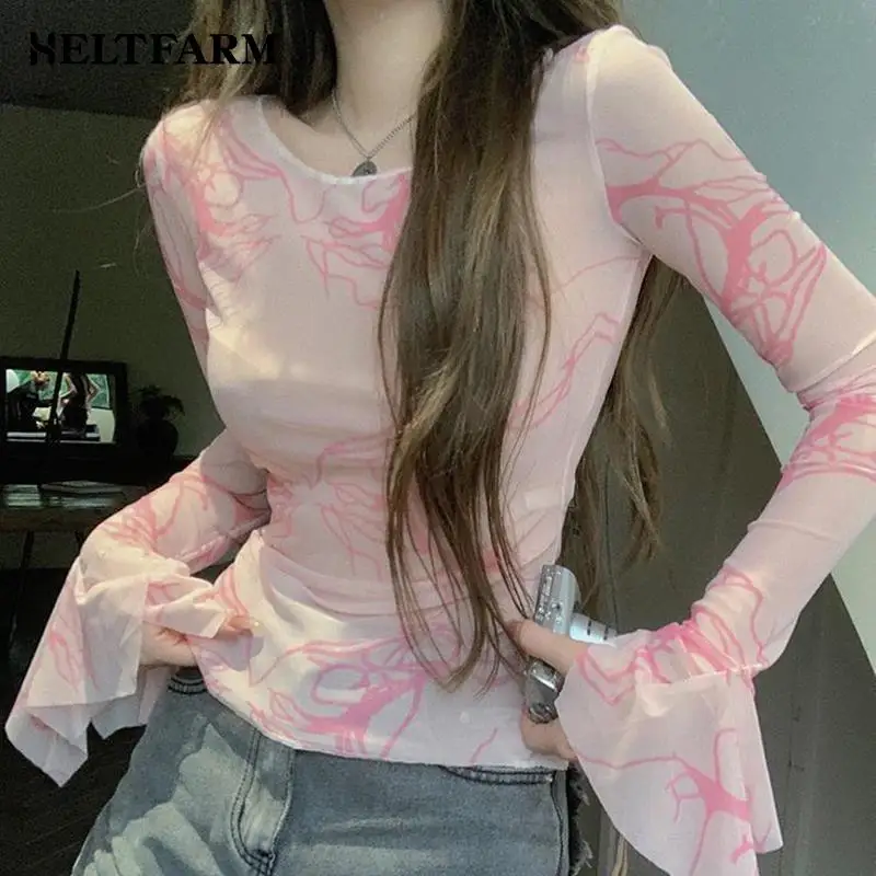 Tie Dye Mesh Tops Long Sleeve Graphic Print Sexy See Through T Shirt Women Tops Y2K Vintage Grunge