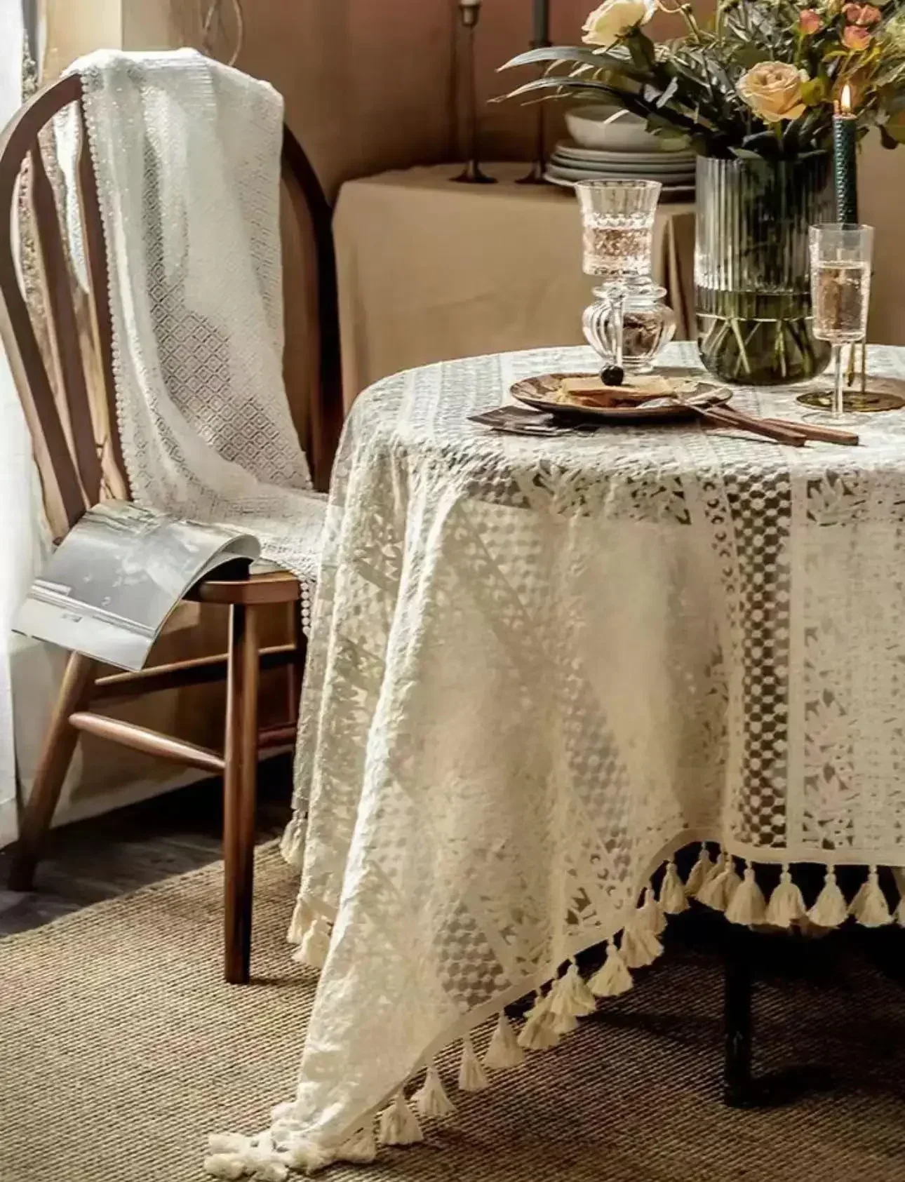 

Pure cotton tablecloth, disposable fabric ethnic style, rectangular tassels, dinner and home waterproof cloth