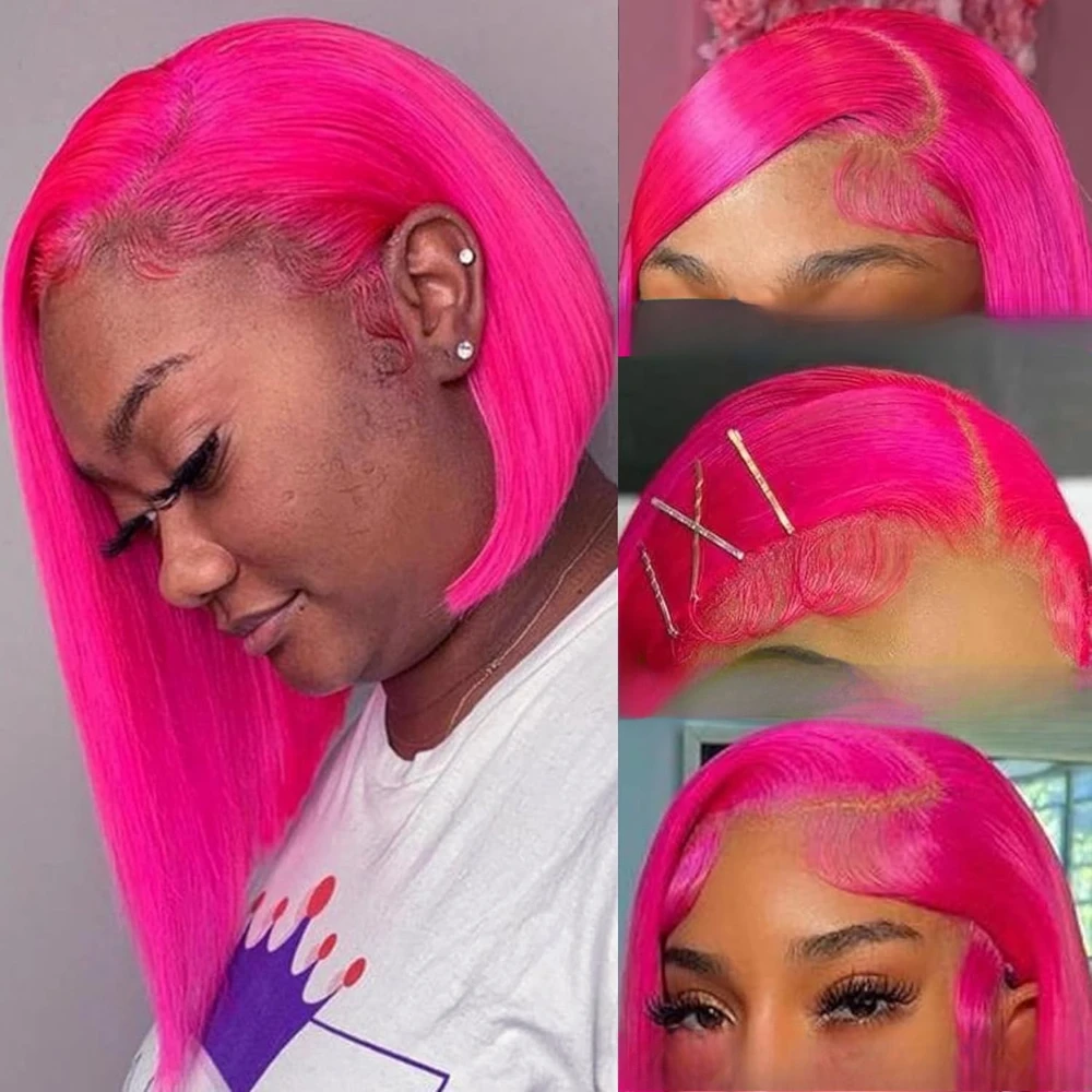Hot Pink Colored Bob Wig Human Hair 13x4 Straight Lace Frontal Wigs 150 Density Pre Plucked Transparent Lace Bob Wigs for Women