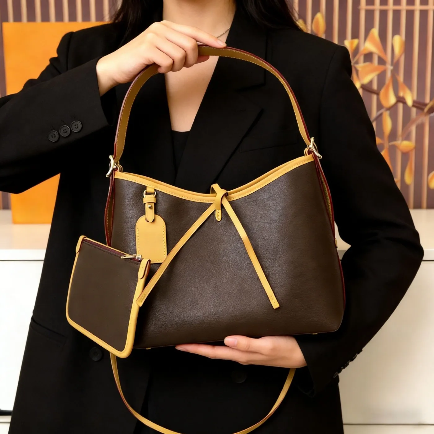 

Contrast Color Drawstring Tote Bag, Large Capacity Shoulder Handbag, Fashionable Work Satchel with Matching Mini Pouch for Women