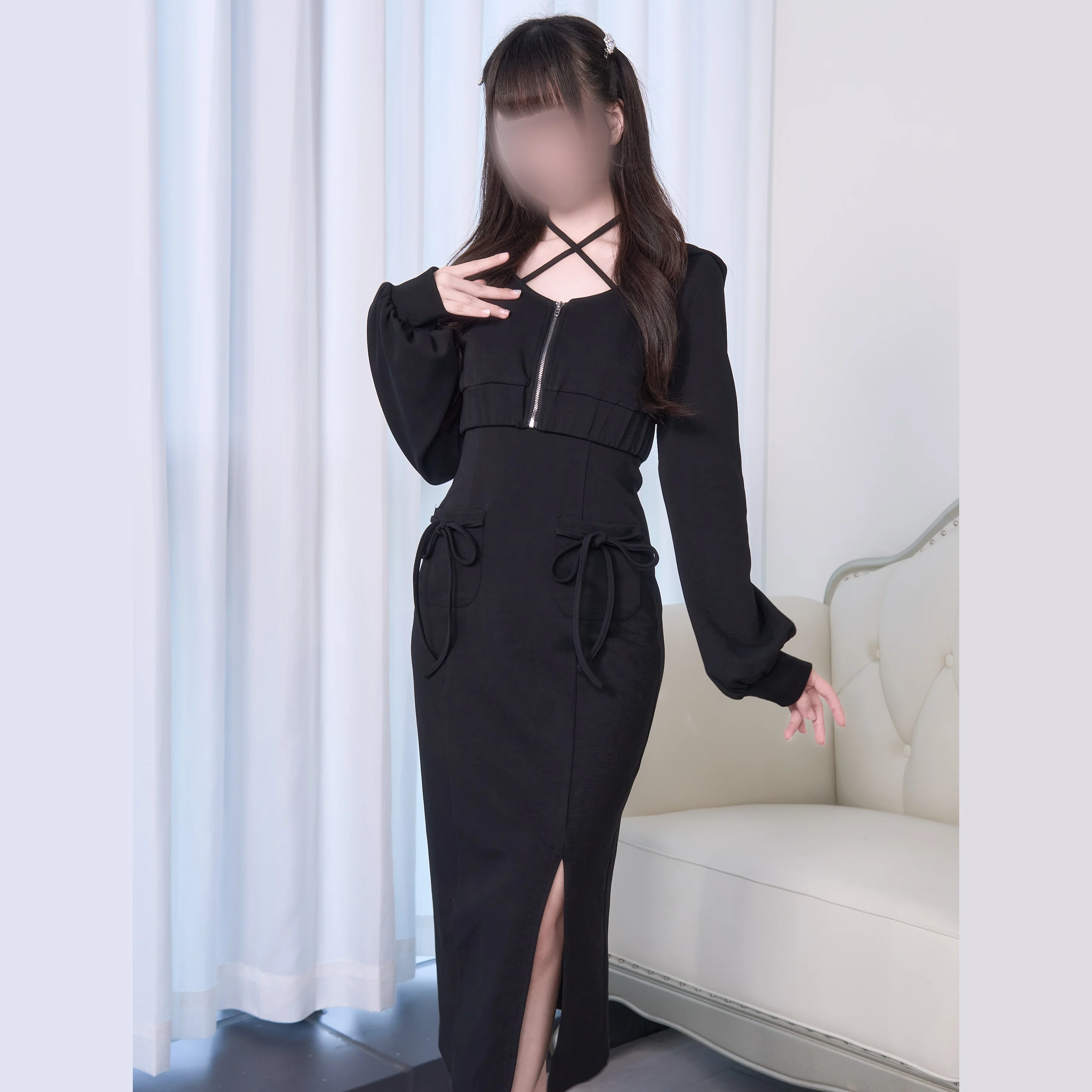 النمط الياباني الإنتاج الضخم فستان بكتافة مجموعات سستة طويلة الأكمام مقنعين البلوز القصير سبليت Bodycon فستان قطعتين مجموعة النساء #5