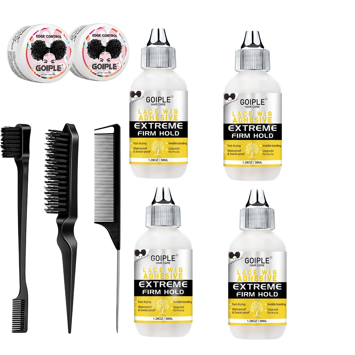 GOIPLE 4pcs 38ml Wig Glue Waterproof Front Lace Glue Edge Control Gel Grooming Frizz Lace Wig Install Kit