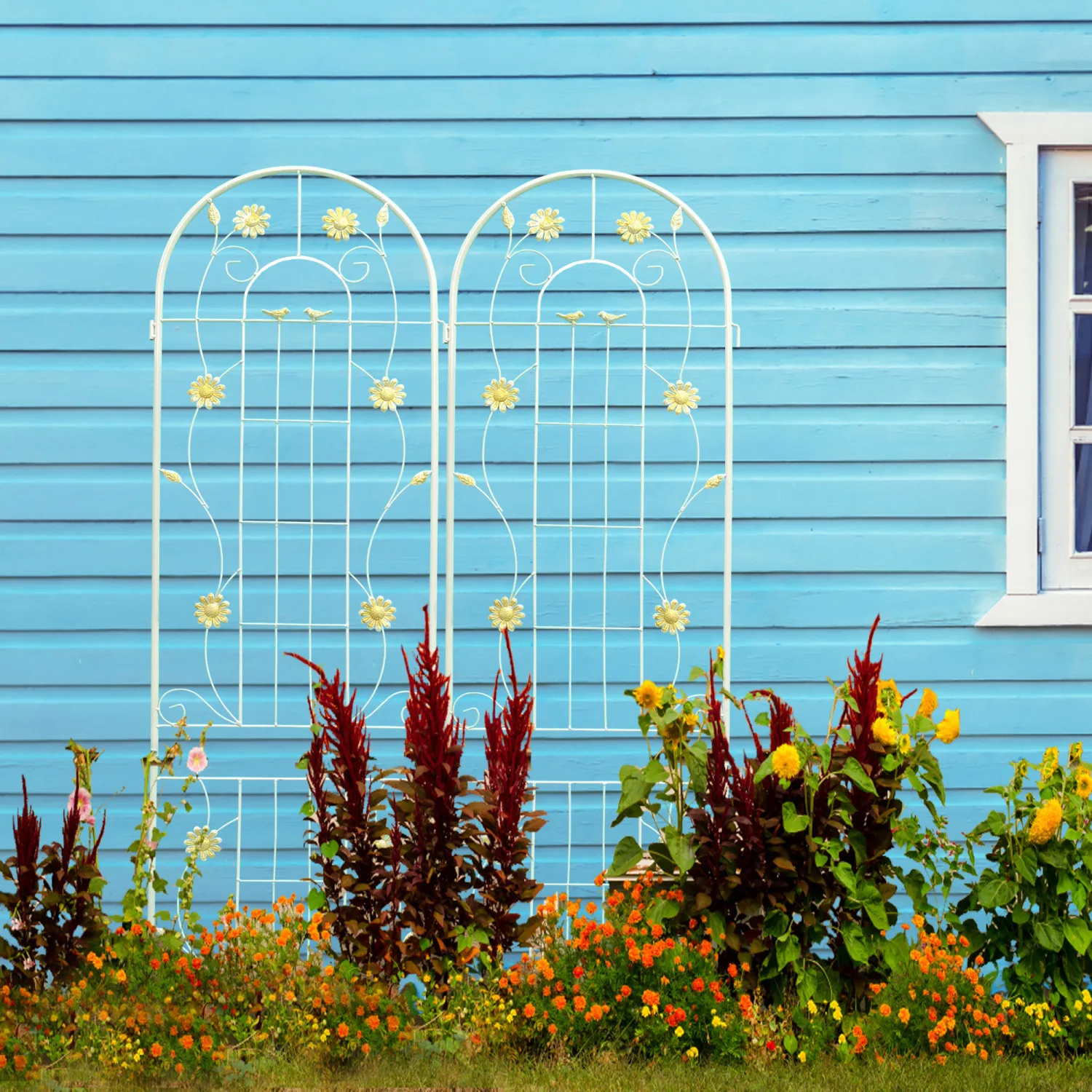 Outdoor Flower Support Trellis, 2 Pack Metal Climbing Plant Trellis, Rustproof Cream White, 86.7