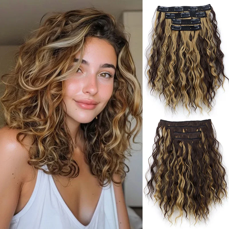 

12Inch Synthetic 4pcs/set Short Curly Wavy Hair Extension Mid-Brown Hair Style Fluffy Hairpiece for Women