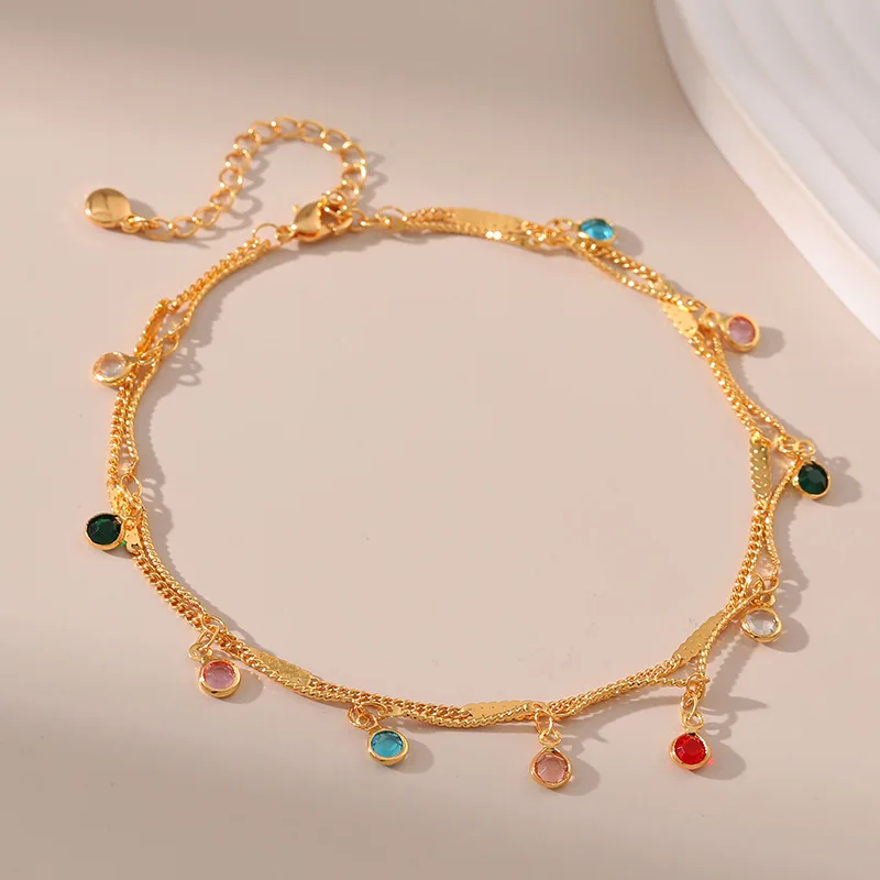 

Round Colored Crystal Pendant 18k Gold Plated Double Chain Anklets for Women Sweet Romance Summer Waterproof Jewelry Accessories
