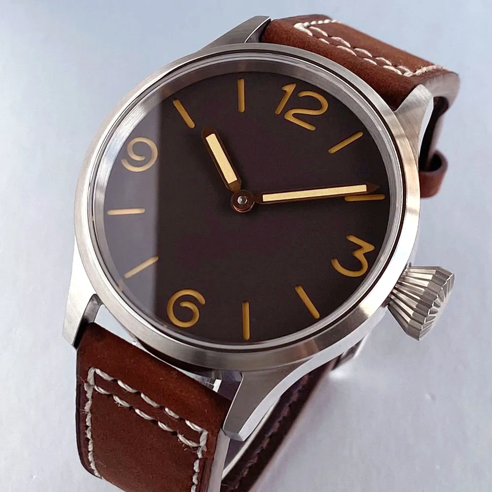 Nuovo orologio meccanico da uomo personalizzato da 43 mm Vetro zaffiro Quadrante nero Movimento a carica manuale Orologio da polso Grande corona con retro in vetro