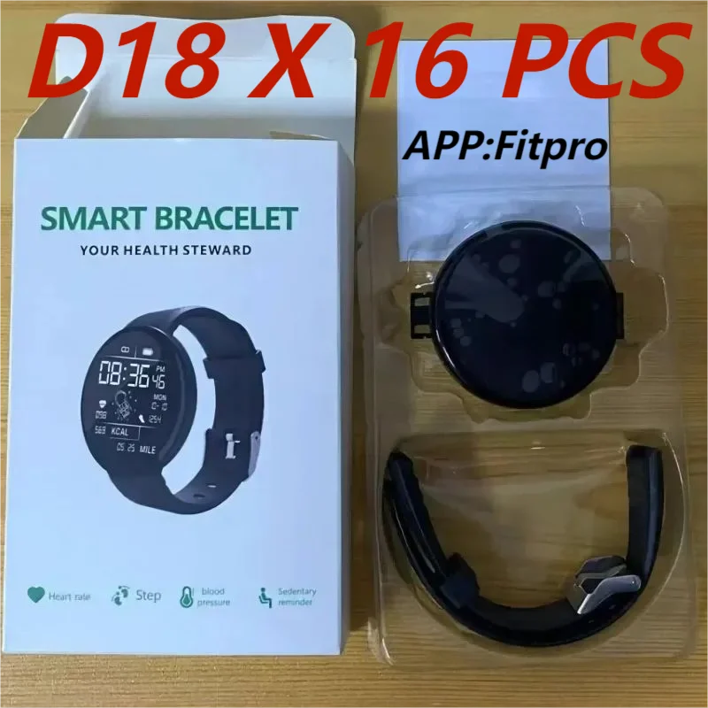 

16 PCS D18 Smart Watch Men Sports Bluetooth Band Messages Reminder Fitness Health Monitor Fashion Smartbracelet for Android IOS