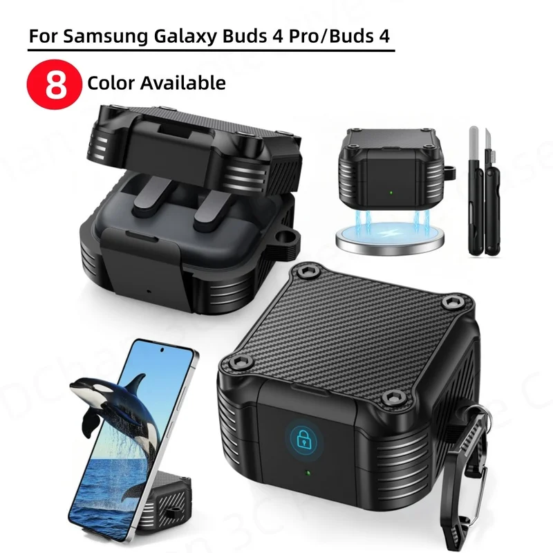 2026 Carbon Fiber Earphone Case for Samsung Galaxy Buds Pro 4with Lock Rugged Cover for MagSafe Galaxy Buds 4 Case Cleaning Kit