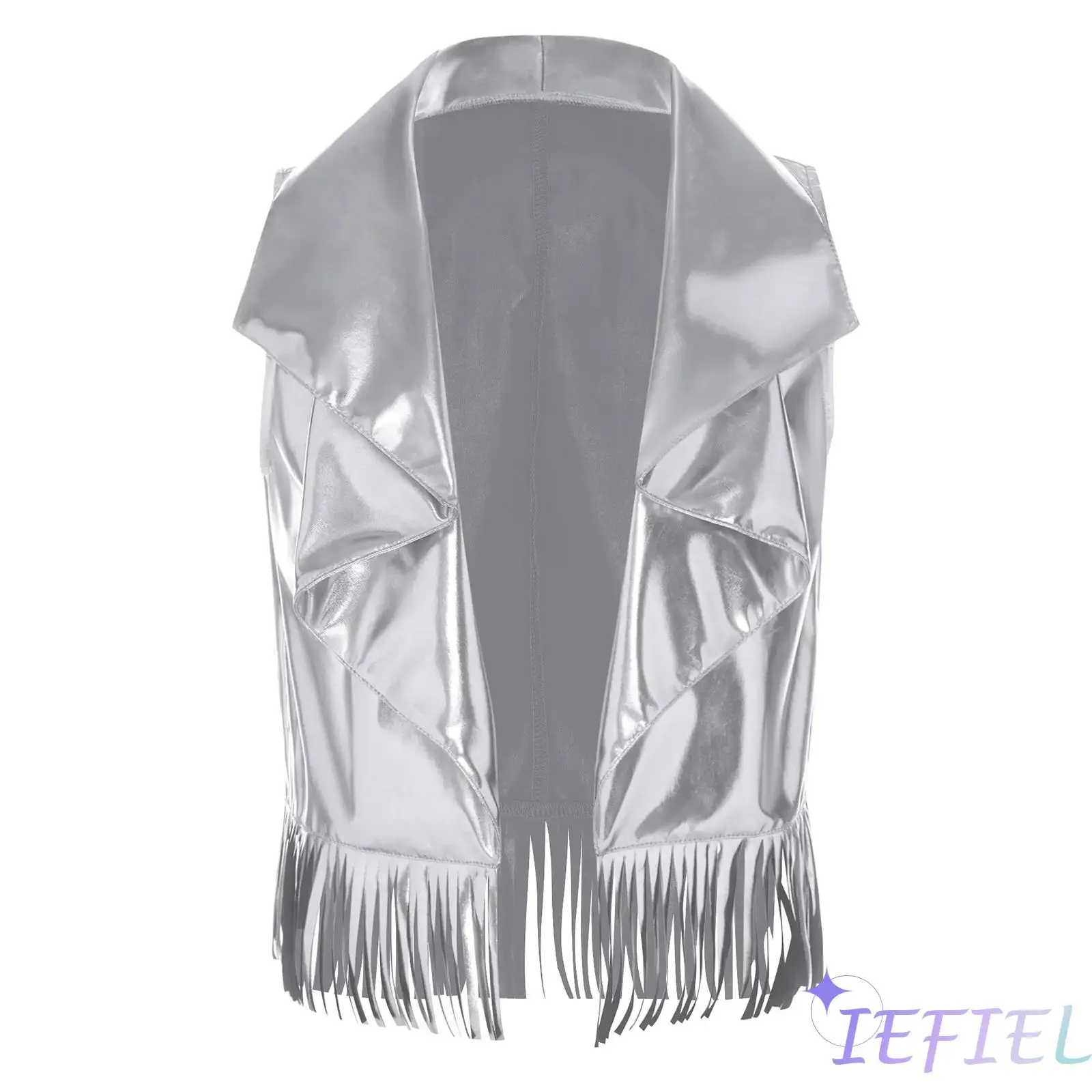 

Metallic Shiny Waterfall Collar Vest for Kids Open Front Sleeveless Bottom Tassel Trim Tank Top for Jazz Street Dance Clothing
