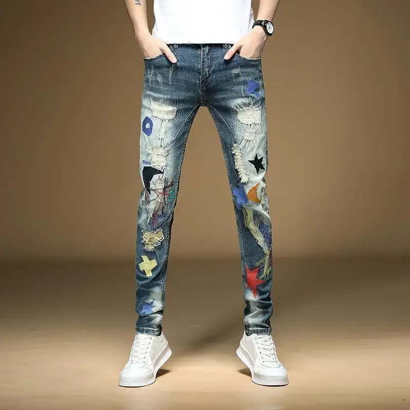 

New Spring Autumn Washed Cowboy Patchwork Ripped Hole Hip-hop Embroidery Scratch Beggar Korean Cargo Slim Luxury Male Trousers
