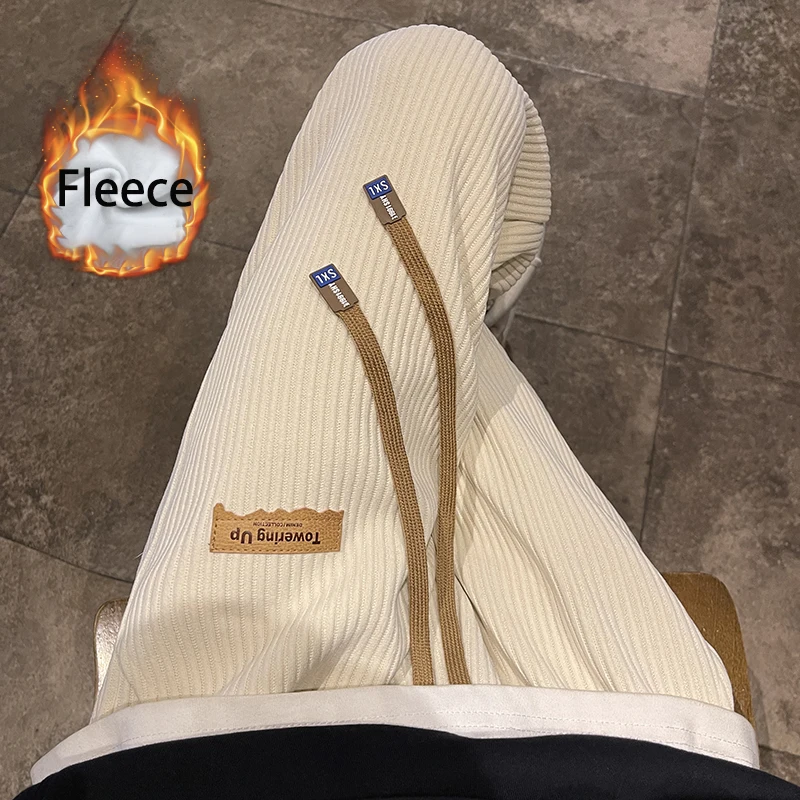 Men's Fleece Striped Plus-size Sweatpants Outdoor Loose Windproof Solid Color Sweatpants Men's Winter Warm Slacks