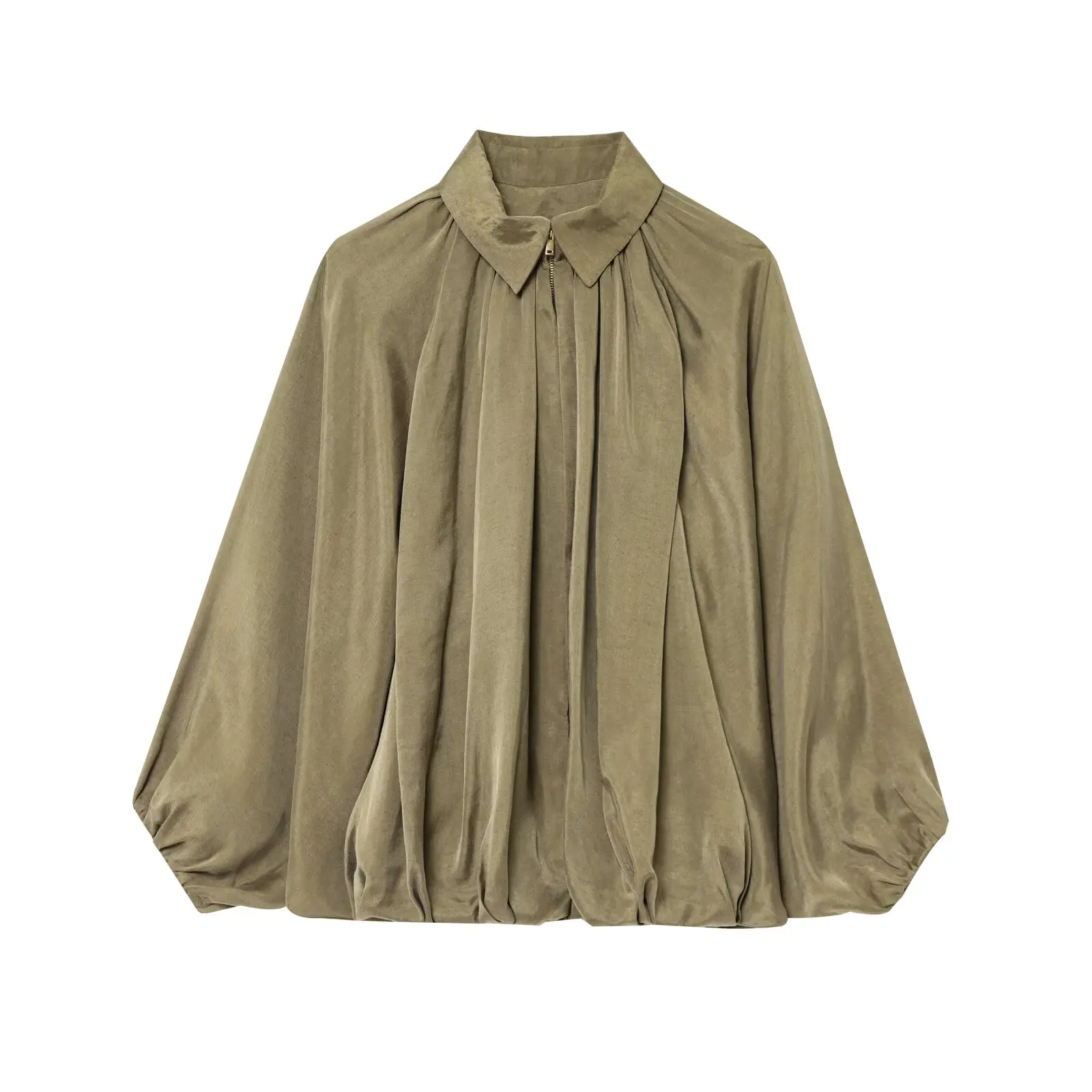 

Vintage Lantern Sleeve Women Shirts Spring Autumn Turn Down Collar Zipper Loose Tops Chic Solid Color Shirt